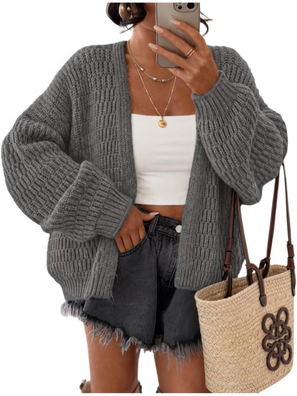 Women's Dark Grey Long Sleeve Chunky Knit Oversized Open Front Cardigan Sweaters